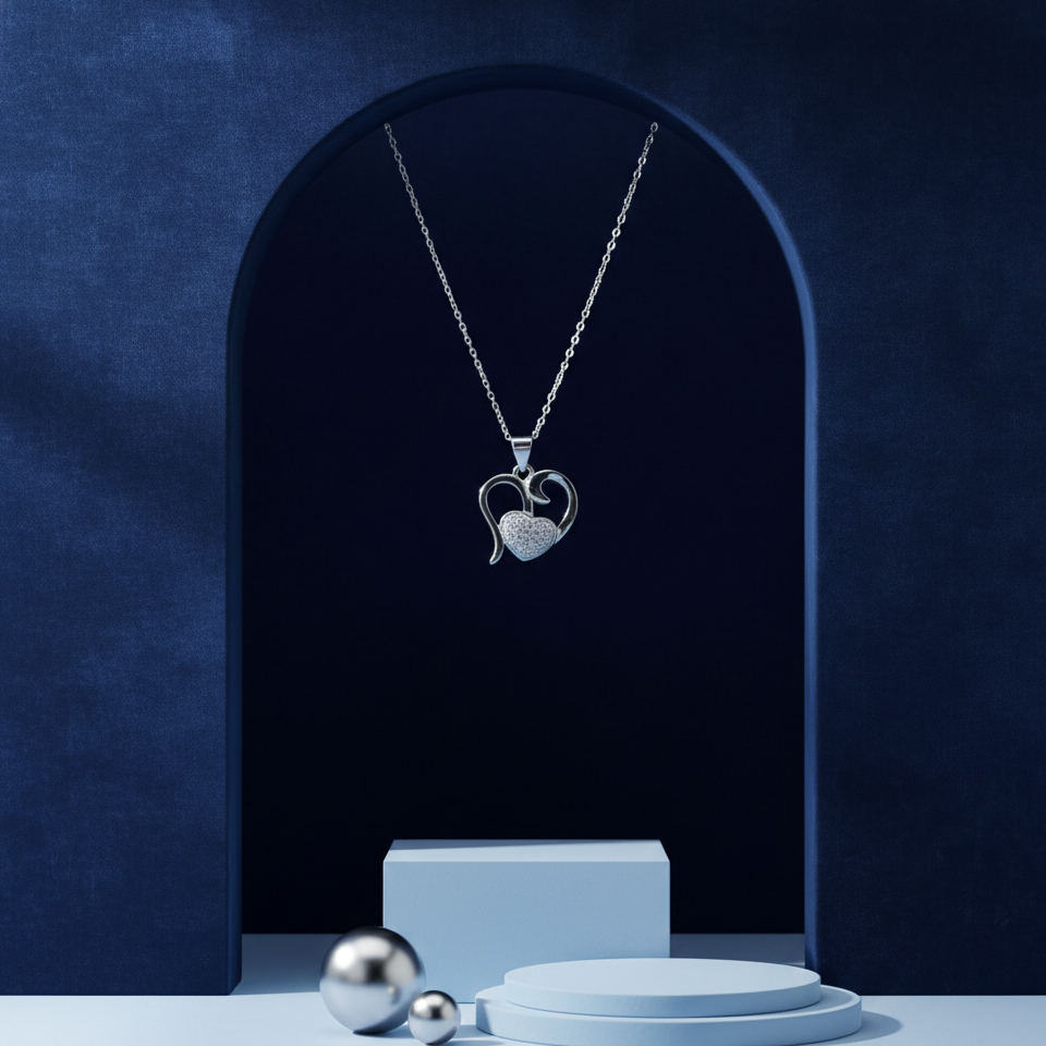 Sterling Silver Diamond-Encrusted Dual Heart Chain Pendant
