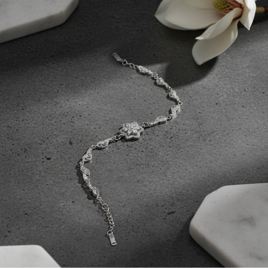 Sparkling Silver Bracelet with Floral Cluster and Filigree Links