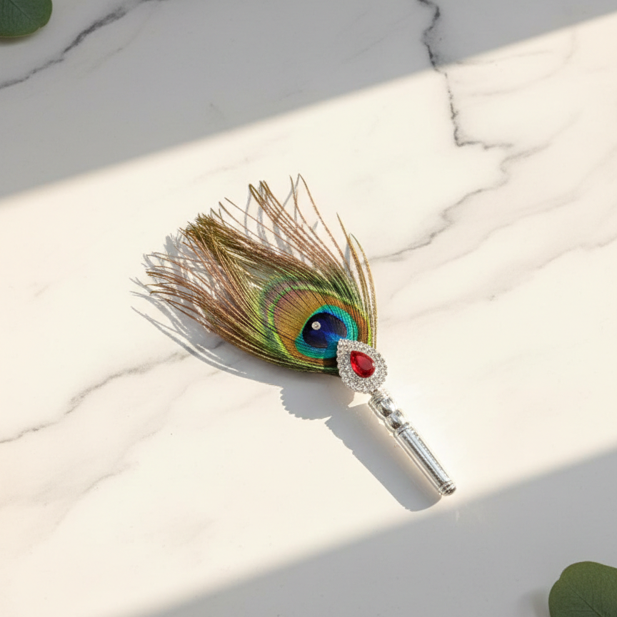 Peacock Feather Silver Flag with Ruby Accent for Devotion - Balaji Jewellers
