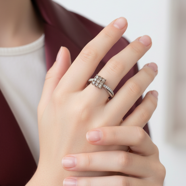 Elegant Silver Square Cluster Diamond Ring