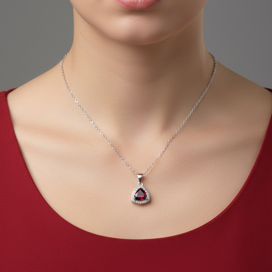 Ruby Radiance Trillion Cut Sterling Silver Halo Chain Pendent