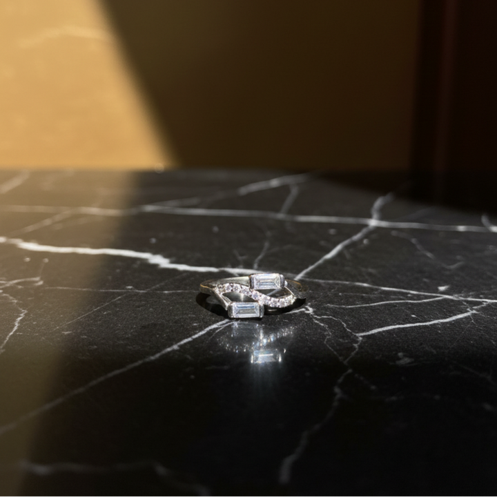 Geometric Baguette and Round-Cut Diamond Ring