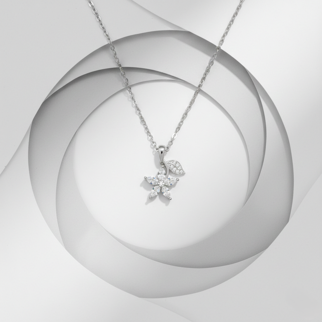 Dainty Silver Floral Marquise Zircon Pendant Necklace