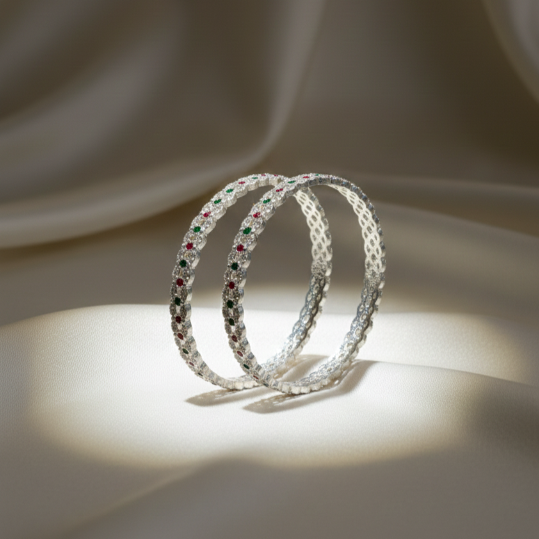 Elegant Silver Bangles with Ruby and Emerald Accents
