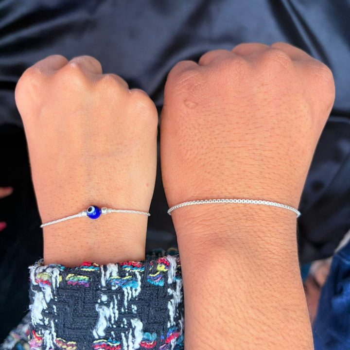 Duo Tone Silver Couple Bracelet Set with Evil Eye Charm